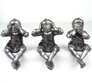 Set Of 3 See Hear Speak No Evil Medieval Knights Shelf Sitter Figurine 4.  5 " H