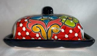 Covered Butter Dish Mexican Talavera Pottery Hand Painted Ceramic Authentic