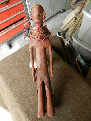 Vintage,  African,  Wood Carving,  Glass & Beads,  Tall (17 Inch),  Female Effigy
