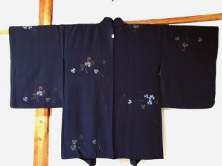 Japanese Vintage Kimono Haori Silk Blue Aa27 007