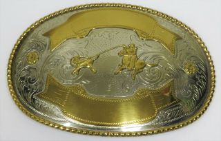 Vintage Rodeo Belt Buckle German Silver Calf Roping Western Texas Trophy Braided