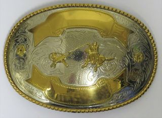 Vintage Rodeo Belt Buckle German Silver Calf Roping Western Texas Trophy Braided 3
