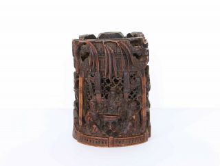 Chinese Carved Bamboo Brush Pot With Calligraphy
