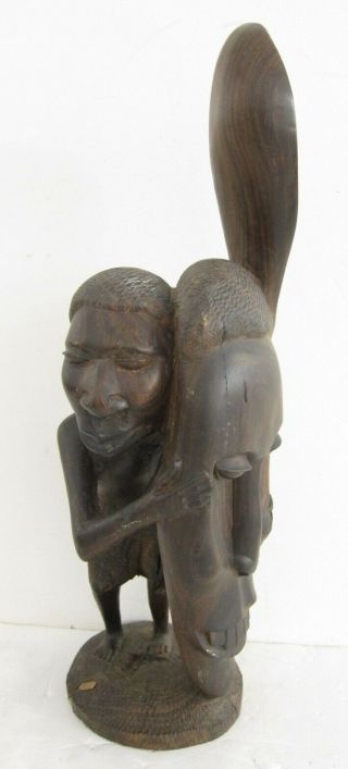 African Vtg Hand Carved Wood Tribal Statue Figure & Mask Shield Sculpture 16 "