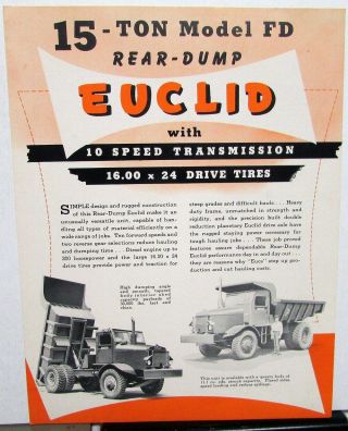 1950s Euclid 15 Ton Model Fd Rear Dump Truck Dealer Sales Brochure Data Sheet