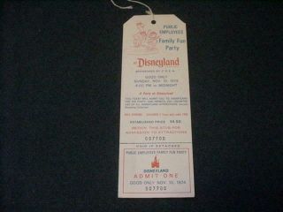 Vintage 1974 Disneyland Ticket Public Employees Family Fun Party 007700