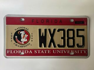 1999 Florida State University Football License Plate Ncaa National Champions