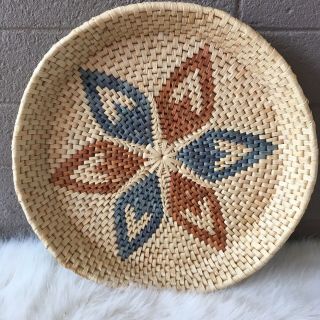 Vintage Southwest Native American Indian Wicker Style Woven Basket Tray Teal