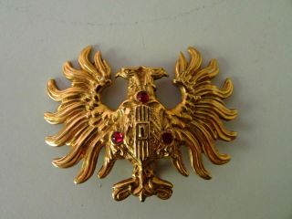 Antique Vintage Copper Gold Plated Gilt Jeweled Double Headed Eagle Brooch Pin