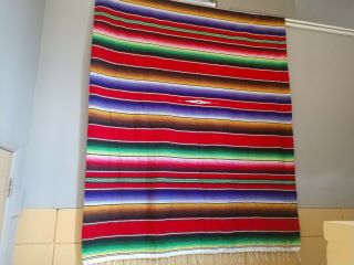 Large,  Striking Vintage Mexican Wool Saltillo Rainbow Serape Blanket,  60 " X 80 "