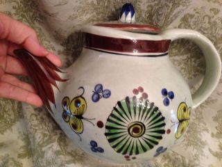 Vintage Tonala Mexican folk art glazed pottery 8 cup tea pot signed CAT 5