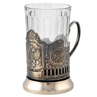 Tea Cup Glass Holder.  With The Emblem Of Russia And Faceted Glass
