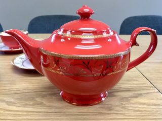 Teavana Fine Bone China Teapot With 4 Cups And Saucers (ruby Filigree)