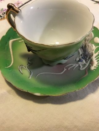 Vintage Miniature Green Moriage Dragon Ware Tea Cup And Saucer Japan