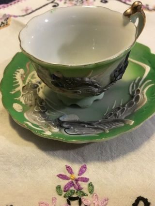 Vintage Miniature Green Moriage Dragon Ware Tea Cup And Saucer Japan 2
