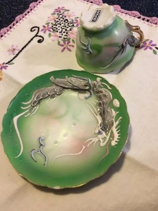 Vintage Miniature Green Moriage Dragon Ware Tea Cup And Saucer Japan 5