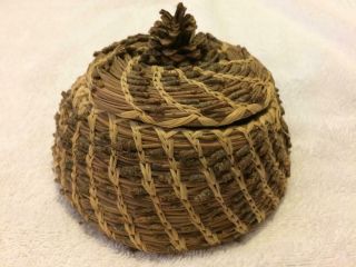 Vintage Native American Indian Pine Needle Lidded Basket