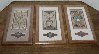 3 Small Size,  Vtg Hand Crafted Navaho Sand Art Painting,  & Signed