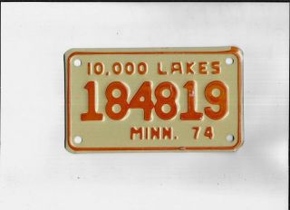 Minnesota 1974 License Plate " 184819 " Motorcycle