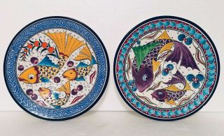 Gorgeous Set Of 2 Vintage Hand Made Fish Wall Plates Kutahya Turkey Signed