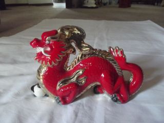 Figurine Dragon Clutching Magical Pearl,  Red Gold Chinese Japanese Asian Ceramic