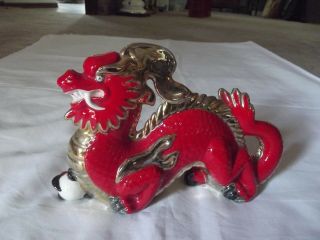 Figurine Dragon clutching magical pearl,  Red Gold Chinese Japanese Asian ceramic 2