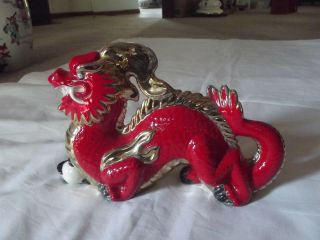 Figurine Dragon clutching magical pearl,  Red Gold Chinese Japanese Asian ceramic 3