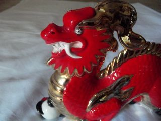 Figurine Dragon clutching magical pearl,  Red Gold Chinese Japanese Asian ceramic 4