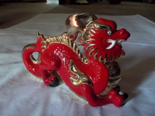 Figurine Dragon clutching magical pearl,  Red Gold Chinese Japanese Asian ceramic 5