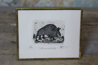 Small Print Of An Armadillo Framed Etching By Abelar Mexican Folk Art