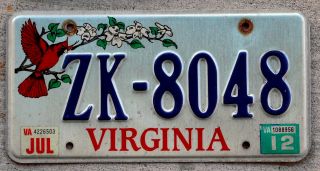 Virginia Cardinal On A Flower Branch License Plate With A 2012 Sticker
