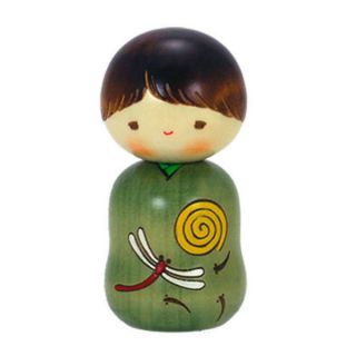Japanese 4.  5 " H Kokeshi Wooden Doll Tombo Dragonfly Kimono Boy/ Made In Japan