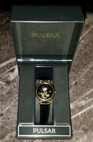 Vintage Pulsar Mickey Mouse Watch Black Face,  Gold Tone Case,  Leather Band W Box