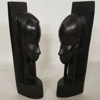 2 Hand Carved Ebony Wood Sculpture African Tribal Art Bust Head Statue Figure 9 