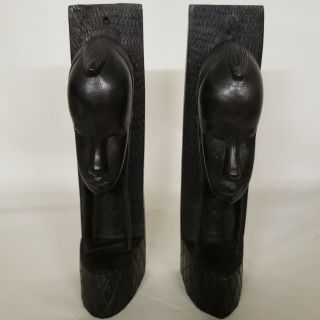2 Hand Carved Ebony Wood Sculpture African Tribal Art Bust Head Statue Figure 9 