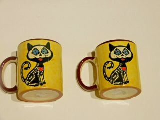 Coffee Mug Set 2x - Cup Day Of The Dead Cat Yellow Gloss - Hand - Painted Talavera