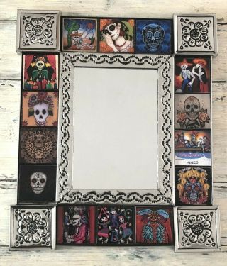 Day Of The Dead Mirror Punched Tin Mexican Folk Art Catrina Sugar Skull 13x11 "