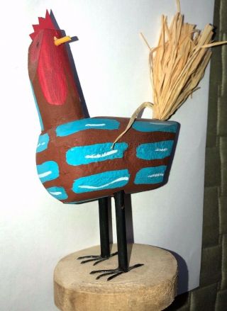 Native American Folk Art Painted Wooden Chicken By Navajo D Herb