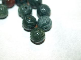 Vintage Carved Chinese Green Bloodstone Stone Round Bead W/shou Design 10mm