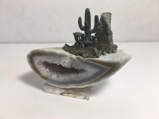 Geode With Pewter Train/locomotive In The Desert On Top Geode Crystal Fossil
