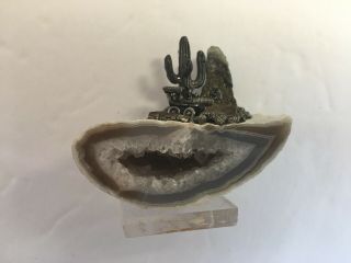 Geode With Pewter Train/Locomotive In The Desert On Top Geode Crystal Fossil 5