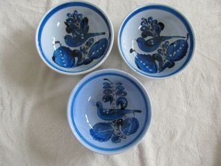 Vintage Tonala Mexico Blue Bird Flowers Butterfly - Set Of 3 Cereal Bowls