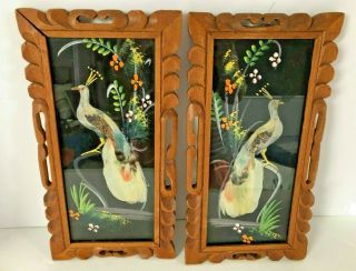 Mexican Feathercraft Bird Pictures Hand Carved Wood Frames Org.  Label