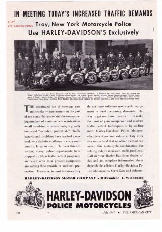 1947 Vintage Harley Davidson Police Motorcycles " Troy,  York Print Ad