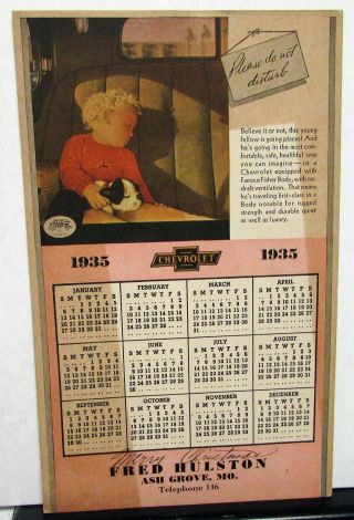 1935 Chevrolet Dealer Promotional Calendar Fisher Body Fred Hulston Ash Grove Mo