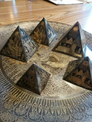 Vintage Egyptian Souvenir Metal Etched Pyramids And Tray - Brass Or Bronze