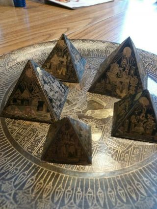 Vintage Egyptian Souvenir Metal Etched Pyramids and tray - brass or bronze 2