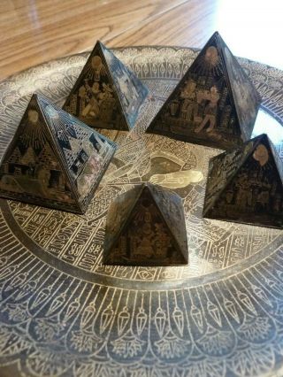 Vintage Egyptian Souvenir Metal Etched Pyramids and tray - brass or bronze 3