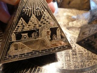 Vintage Egyptian Souvenir Metal Etched Pyramids and tray - brass or bronze 8
