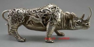 Chinese Fengshui Silver Copper Beast Kirin Kylin The Rhino Rhinoceros Statu
